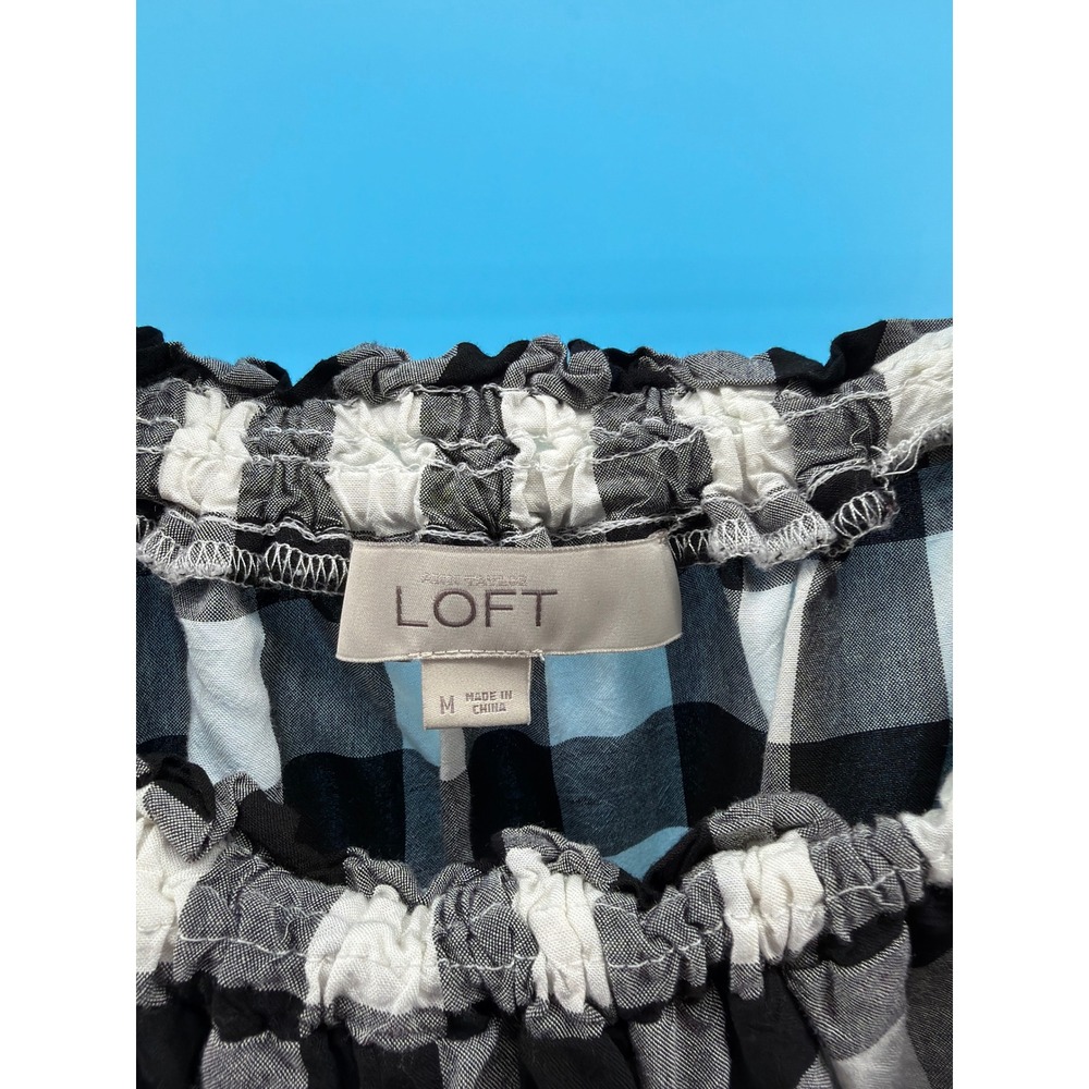 Loft Black White Buffalo Plaid Off Shoulder Tie Sleeve Top Blouse Medium - Picture 3 of 5